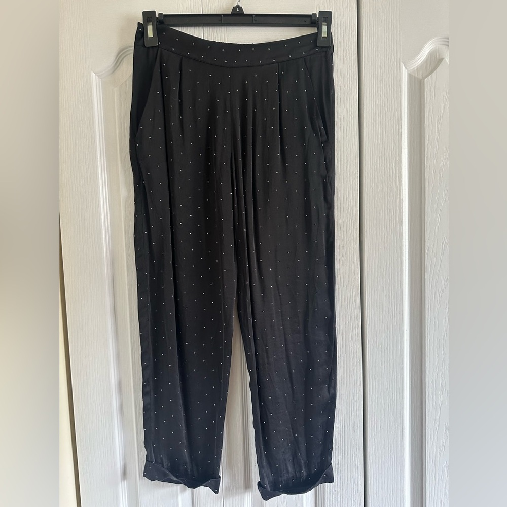 BCBGMaxAzria Black Satin Studded Capri Pants